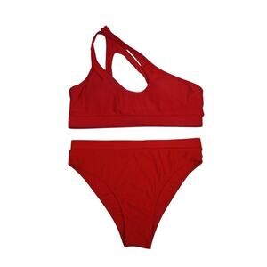 Boutique Womens One Shoulder Two Piece Red Bikini Swimsuit